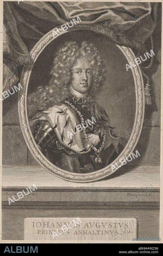 Portrait of Johann August von Anhalt-Zerbst, Martin Bernigeroth, after Hendirk Duvens, 1718 - 1733, With badge of the Order of the Elephant., print maker: Martin Bernigeroth, (mentioned on object), after: Hendirk Duvens, (mentioned on object), Leipzig, 1718 - 1733, paper, engraving, etching, h 324 mm × w 218 mm.