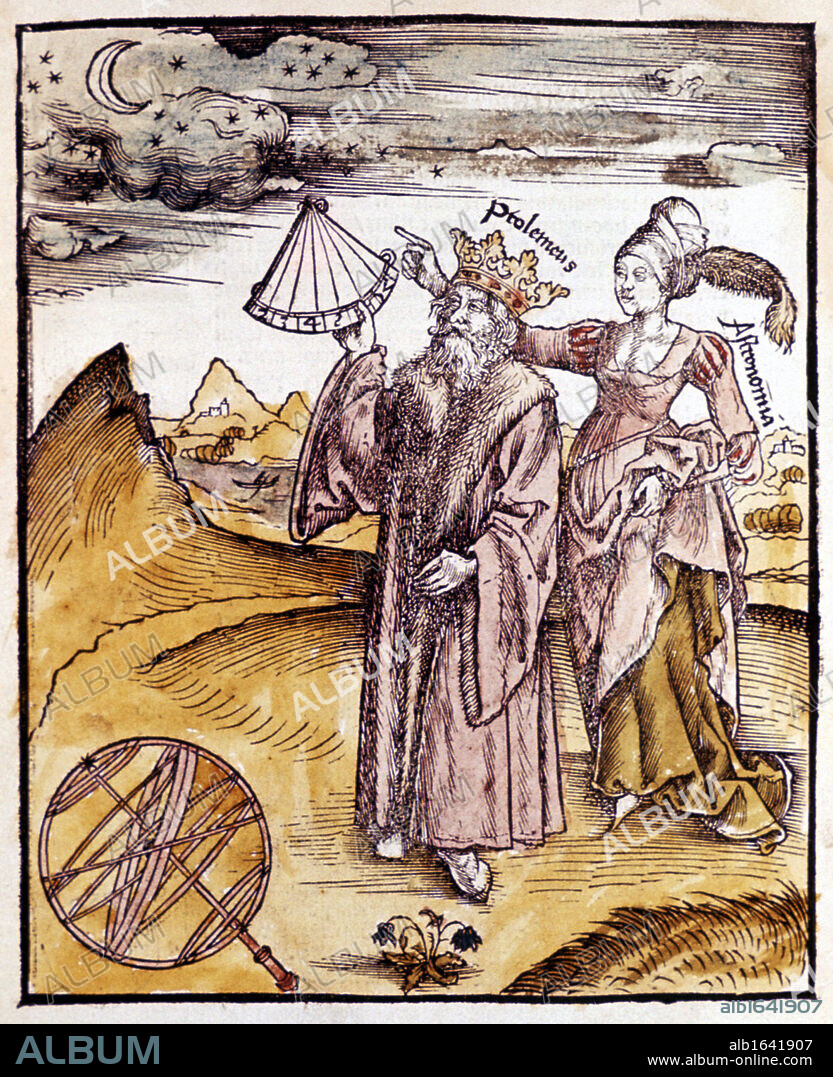 Ptolemy (Claudius of Ptolemaeus) activel150 AD Alexandrian Greek/Egyptian astronomer and geographer, using quadrant to measure altitude of Moon. Behind him stands Urania, Muse of Astronomy. He is shown wearing crown as he was sometimes confused with the Ptolemaic kings of Egypt.