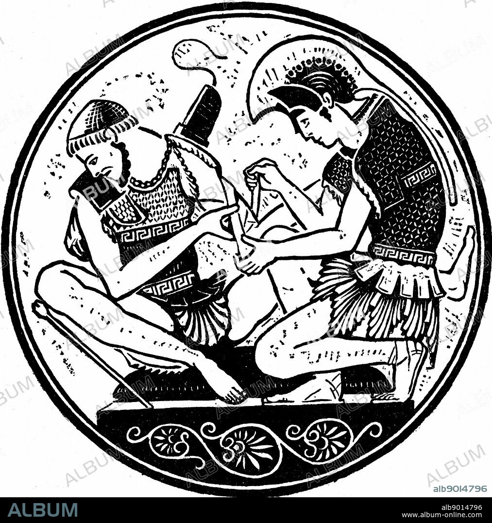 Achilles, hero of Homer's 'Iliad' bandaging the wound of his friend Patroclus. Drawing based on an antique vase. Trojan Wars 13th-12th century BC.