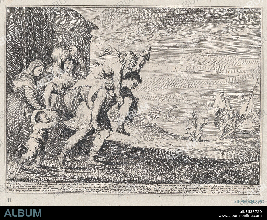 Aeneas fleeing Troy, with a group of six figures leaving the city at left, Aeneas carrying his father Anchises on his back, followed by his wife Creusa and his son Ascanius, two servants at far left. Artist: Anton Joseph von Prenner (Austrian, Wallerstein 1683-1761 Vienna); Possibly after Peter Paul Rubens (Flemish, Siegen 1577-1640 Antwerp). Dimensions: Sheet (Trimmed): 6 7/16 × 8 11/16 in. (16.4 × 22 cm). Date: 1728.