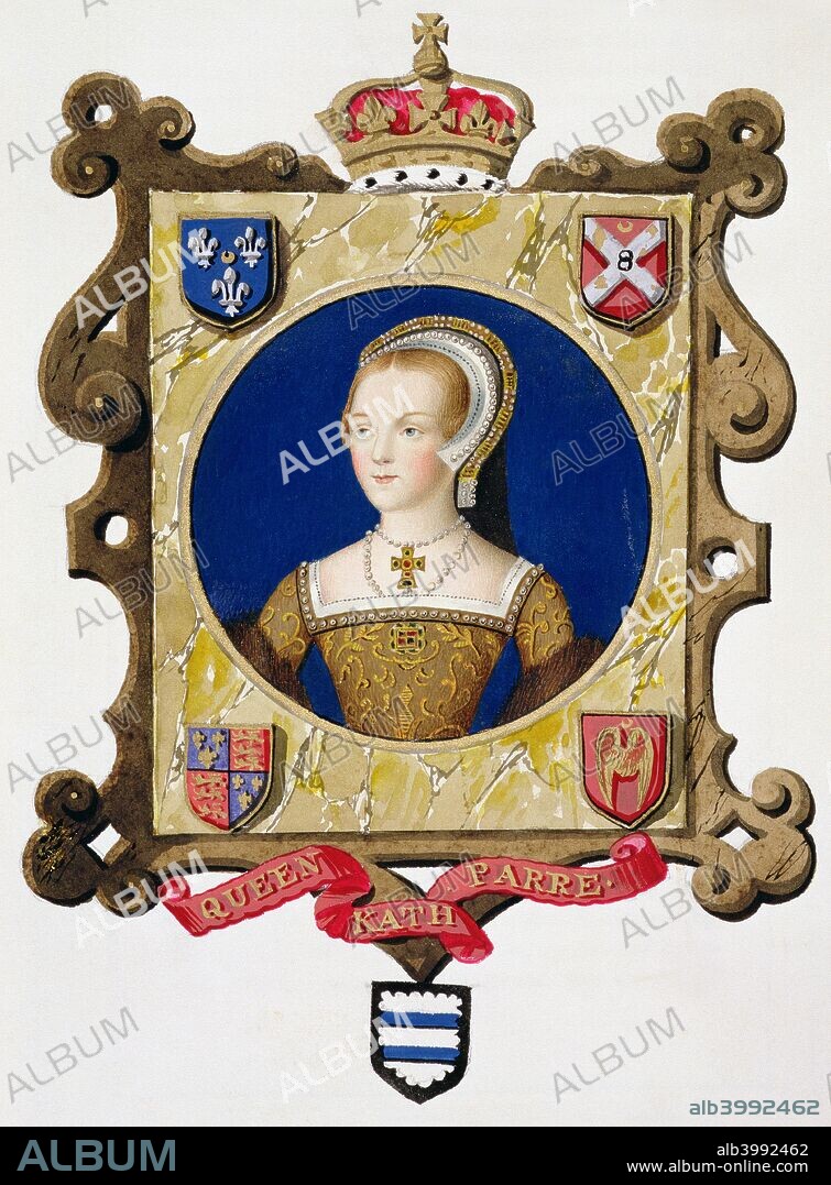 Katherine Parr, sixth wife and Queen of Henry VIII, (1825). Portrait of Katherine (1512-1548) as a young woman. The last of Henry's six wives, she outlived the king by a year and a half. From Memoirs of the Court of Queen Elizabeth, published in 1825.