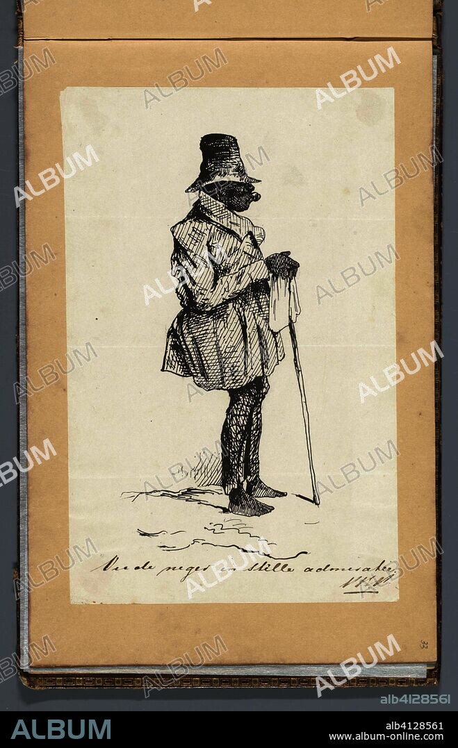 Oude man met stok en hoed. Oude neger in stille admiratie (title on object). Album met tekeningen van Suriname, p.33 (50) (series title). Draughtsman: anonymous. Dating: in or after c. 1850 - in or before c. 1860. Place: Suriname. Measurements: h 170 mm × w 260 mm × t 20 mm.