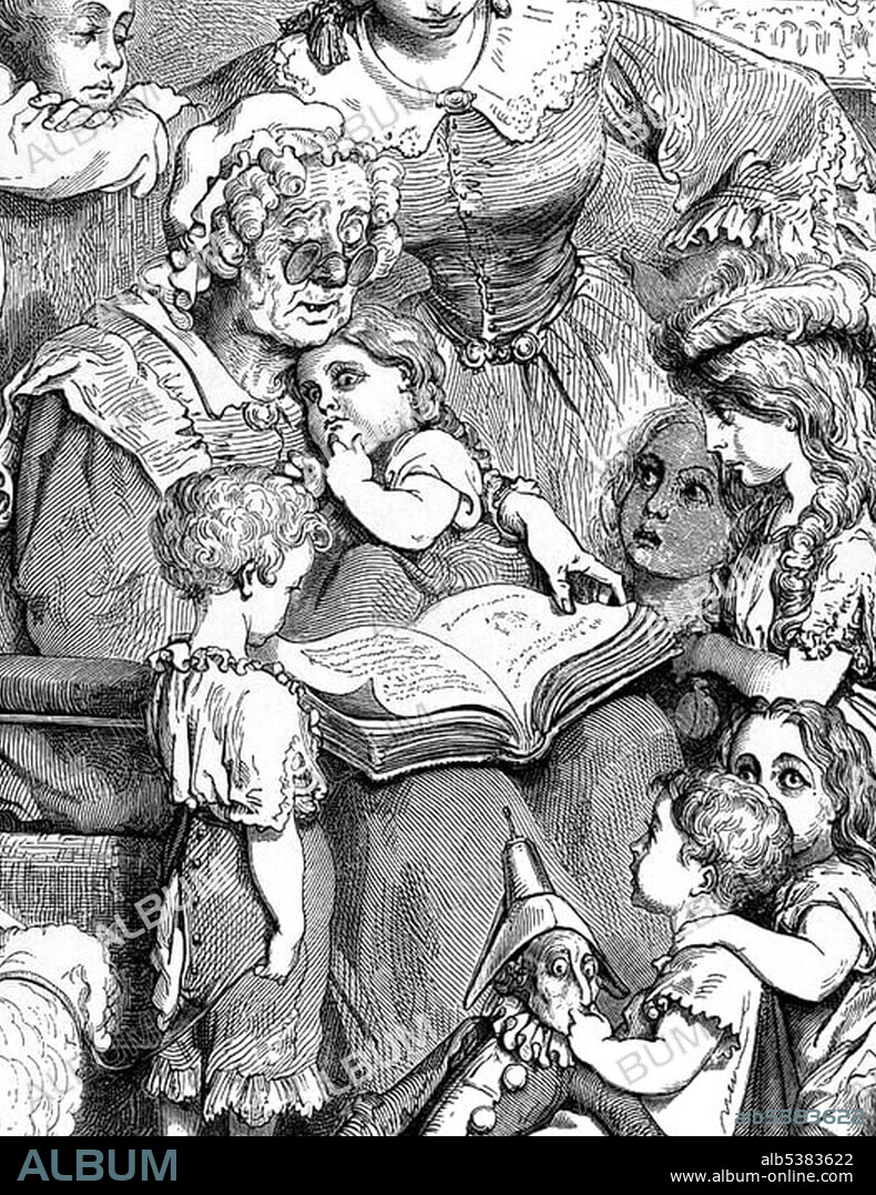 Grandmother reading to children from storybook, illustration from Perrault's fairy tale by Charles Perrault, illustrated by Gustave Dore