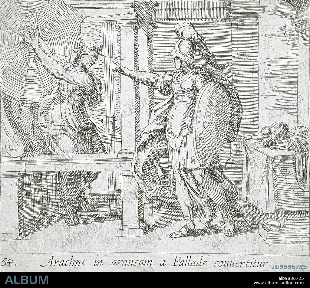 ANTONIO TEMPESTA y WILHELM JANSON. Athena Changing Arachne into a Spider, published 1606. From The Metamorphoses of Ovid, pl. 54.