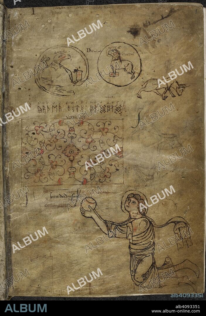 PAULUS OROSIUS. Drawings of the symbols of the four Evangelists, leaf and scroll ornament, labelled 'vinea Domini', part of a Latin alphabet and runes. The Tollemache Orosius. England, S. (Winchester?), 2nd half of the 10th century. Source: Add. 47967 f.1. Language: Latin.