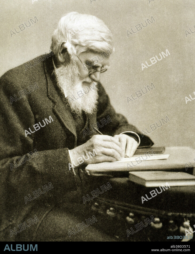 Alfred Wallace. Portrait of Alfred Russel Wallace (1823-1913), British naturalist. Wallace organised expeditions to the Amazon and Malaysia and was the first European to see orang-utans in the wild. Wallace collected many specimens and founded the study of the geographical distribution of animals (zoogeography). He thought that variation in the wild was due to the "survival of the fittest" (a phrase he invented) and sent a paper outlining his ideas to Charles Darwin in 1858. Darwin had been working on the same theory and they published their papers jointly; this formed the basis of Darwin's Origin of Species. Wallace's reputation was ruined in later life due to his spiritualism.