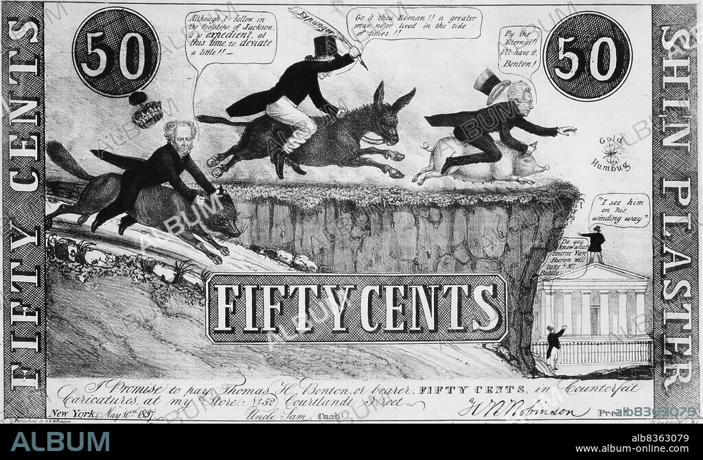Van Buren, Jackson monetary programs, 1837 cartoon.