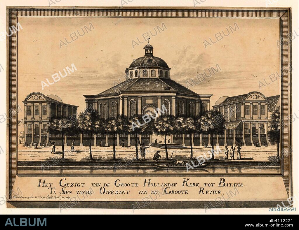 Gezicht op de Nieuwe Hollandse kerk van Batavia. Het Gezigt van de Groote Hollandse Kerk tot Batavia Te Sien van de Overkant van de Groote Revier (title on object). Draughtsman: Johannes Rach (mentioned on object). Dating: 1769. Place: Batavia. Measurements: h 355 mm × w 501 mm.