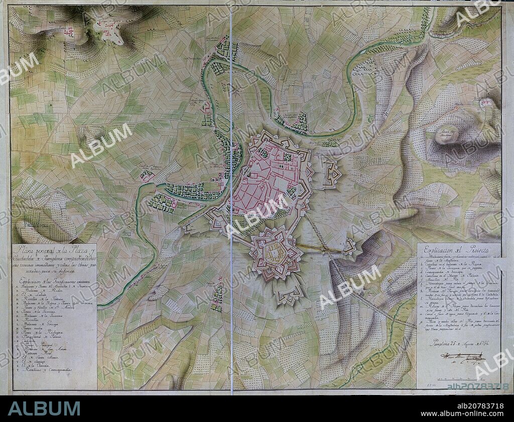 JUAN MARTÍN CERMEÑO. PLANO GENERAL DE LA PLAZA Y DE LA CIUDADELA DE PAMPLONA - 1756.