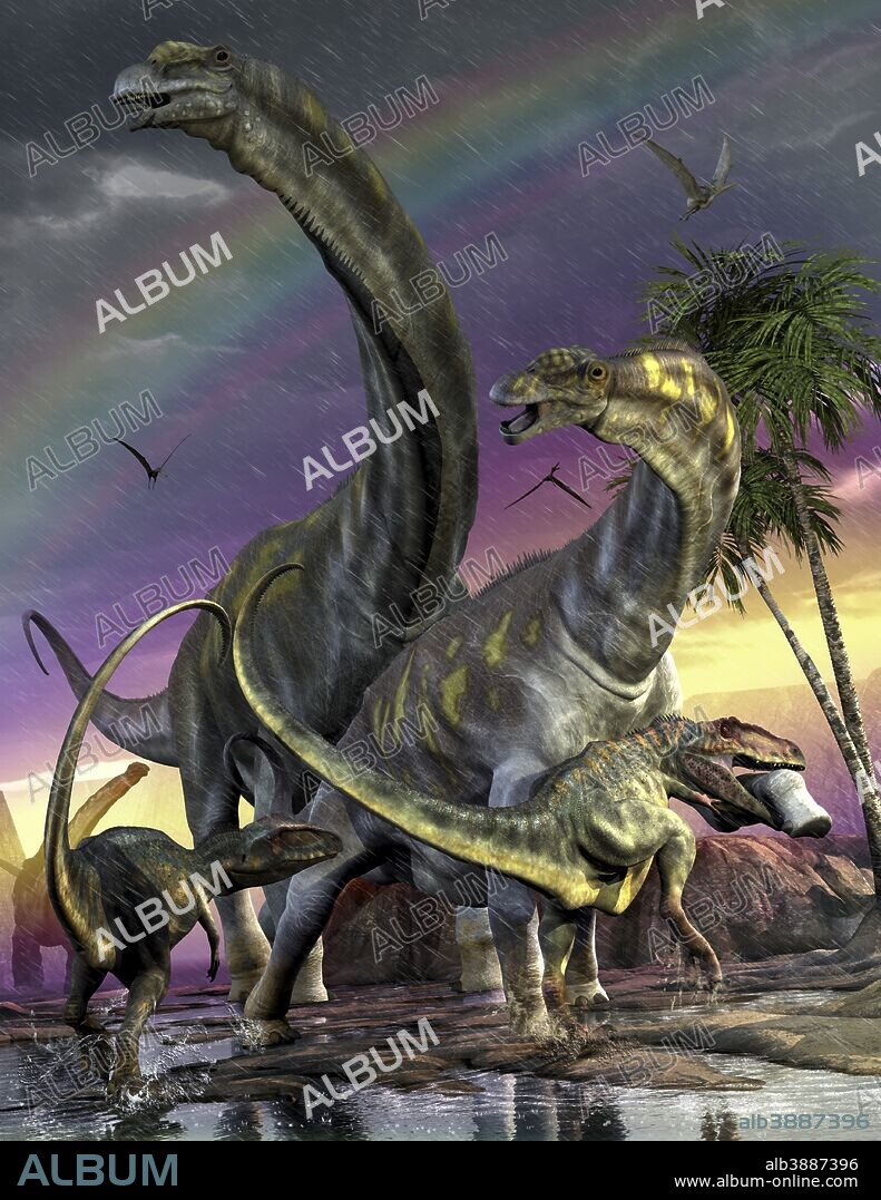 A Giganotosaurus trying to take down a young Argentinosaurus who are among the largest animals to walk on Earth.