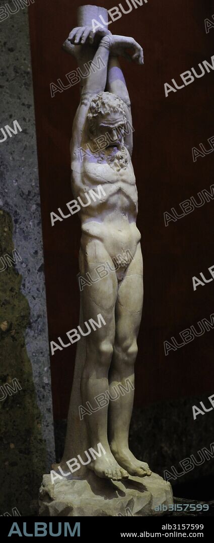 The Torment of Marsyas. Roman work of the 1st-2nd century AD. Marble. Silenus Marsyas was punished for daring to challenge Apollo to the music contest. Fragment of the sculptural group of the 3rd century BC. The State Hermitage Museum. Saint Petersburg. Russia.