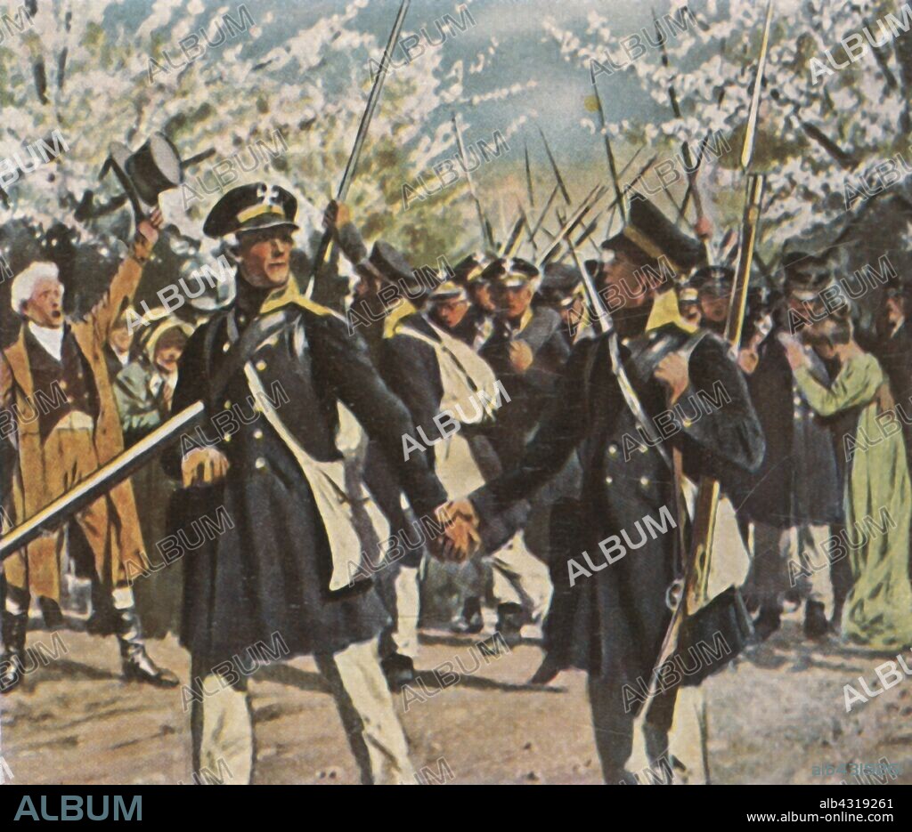 Departure of the Prussian and Imperial German reserve forces in the struggle for independence, Spring 1813, (1936). 'Auszug Der Landwehr in Den Befreiungskampf, Frühling 1813'.  In the German Campaign of 1813, members of the Sixth Coalition fought against Napoleon to liberate German territory from the domination of the First French Empire. From "Bilder Deutscher Geschichte", (Pictures of German History), No.12, cigarette card album. [Cigaretten-Bilderdienst, Altona-Bahrenfeld, Hamburg, Germany, 1936].
