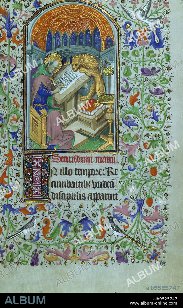 Malet-Lannoy Hours, St. Mark writing, This Book of Hours was made ca. 1420-1440 for use of Rome in northeastern France or Paris, as suggested by the contents in the calendar and the inclusion of a suffrage to St. Avia. Although the identity of the initial patron is unknown, his heraldry was added thirty-five times throughout the book. The manuscript was owned within the first decades of its creation by Thomas Malet of Berlettes and Jeanne of Lannoy, whose heraldry was added early into the manuscript as well. This was likely in the 1430s, coinciding with their marriage, and the addition of a miniature depicting the Marriage of the Virgin at this time supports this. This manuscript contains twenty-seven additional miniatures, some of which are of particular iconographical note, such as St. Luke painting the Virgin.