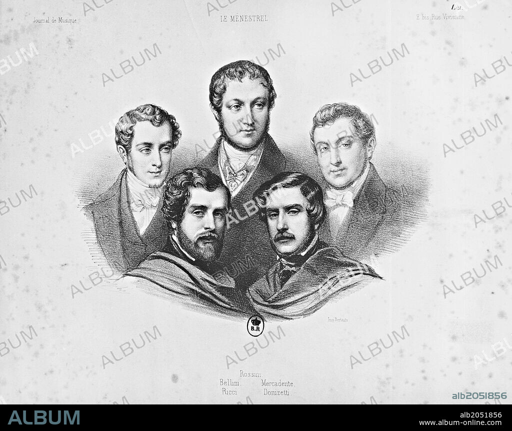 Group portrait of Italian composers of the 19th century: Vincenzo Bellini (1801-1835), Gioachino Rossini (1792-1868), Saverio Mercadante (1795-1870), Luigi Ricci (1805-1859) and Gaetano Donizetti (1797-1848).