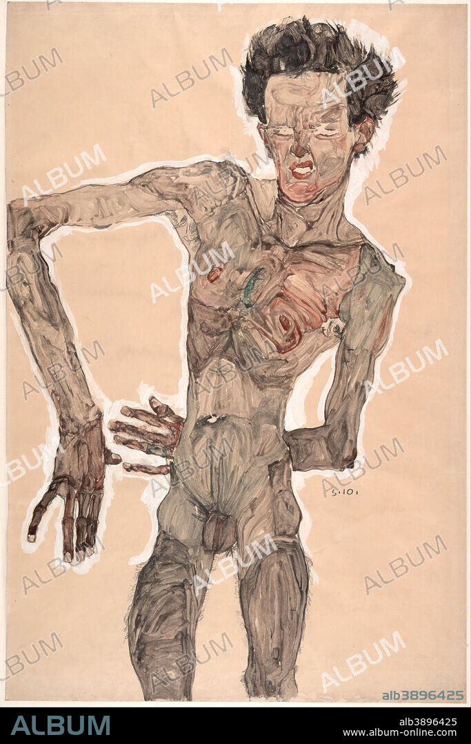 EGON SCHIELE. Nude Self-Portrait, Grimacing. N/a.