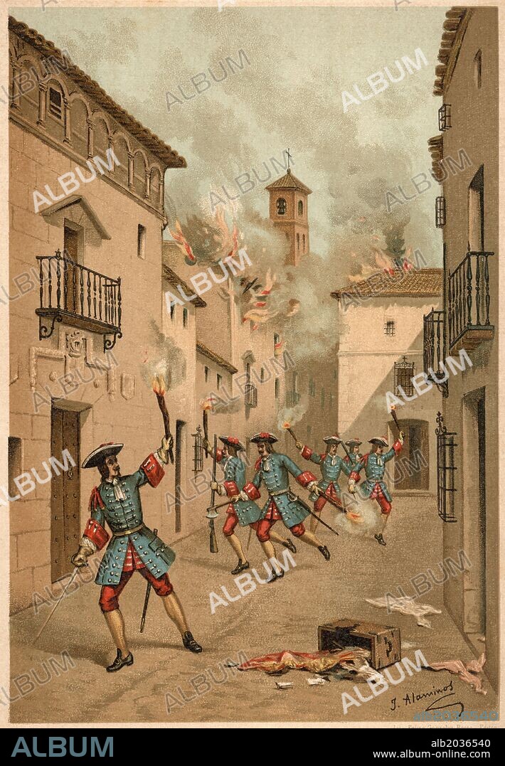 Guerra de sucesión (1714). Saqueo y destrucción de Játiva por el ejército de Felipe V. Dibujo de Alaminos. Grabado de 1910.