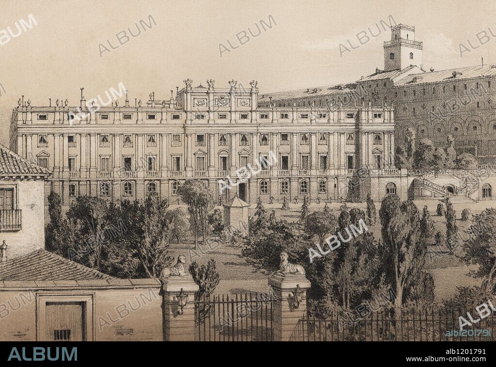 Palacio de los Duques de Berwick y Alba. Palacio de Liria. Edificio del s. XVIII, destruído en la Guerra civil española y reconstruído por la duquesa Cayetana de Alba. Grabado de 1870.
