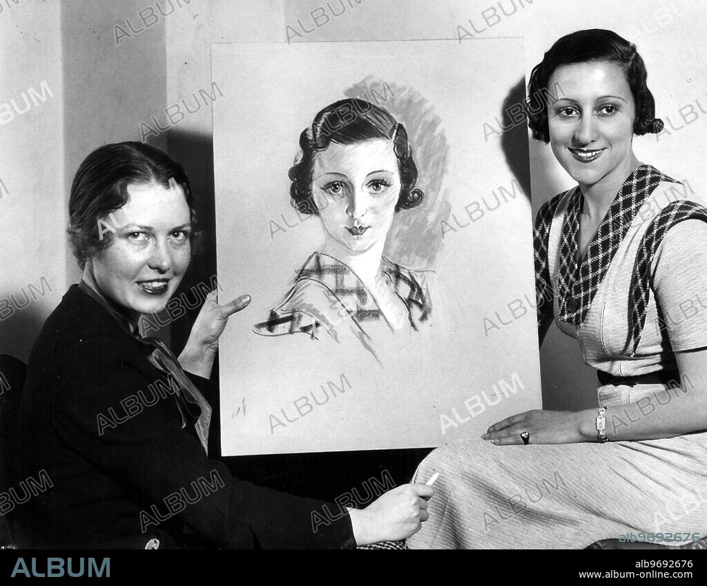 Blanche Montel, French actress who is in the United States to view the New York premiere of the "Three Musketeers", in which she plays, has a portrait painted by Rosalind Hightower, at her suite in the Saint Moritz hotel. 12 April 1933.