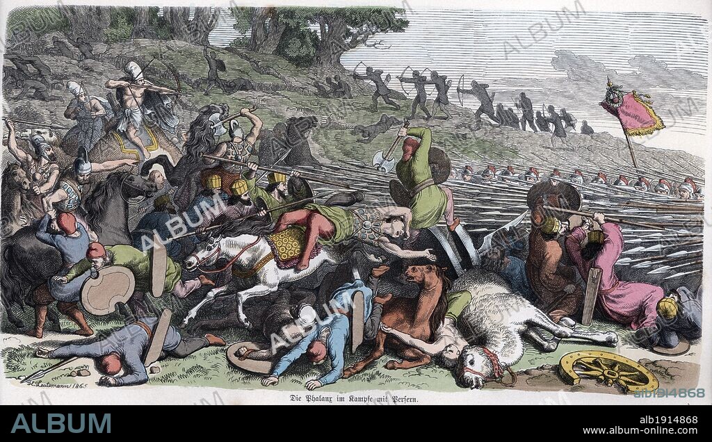 Historia Antigua. Macedonia. Falange macedónica combatiendo contra los persas. Grabado alemán de 1865.