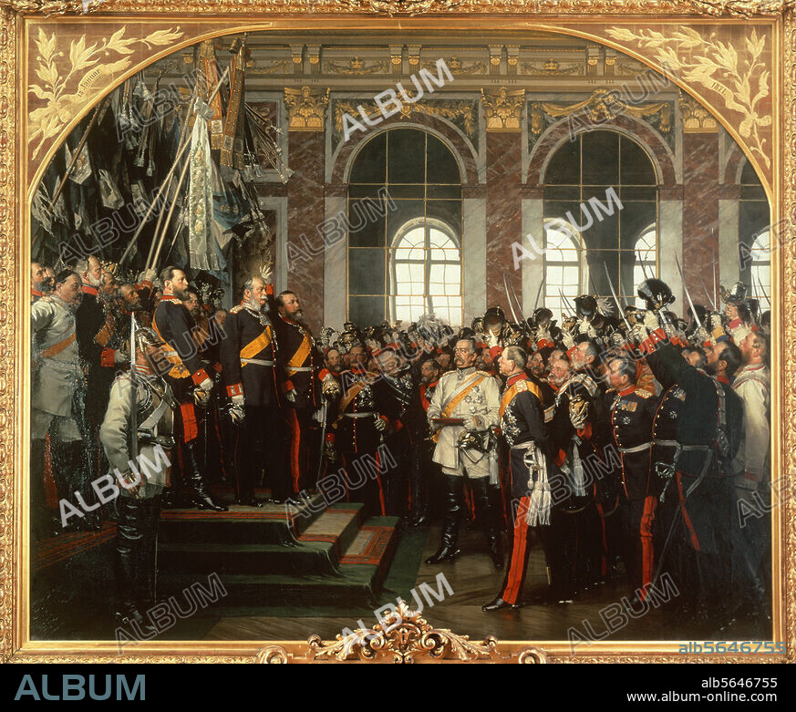 18. Januar 1871: König Wilhelm I. von Preußen wird im Spiegelsaal des Schlosses von Versailles zum Deutschen Kaiser ausgerufen. "Die Proklamierung des Deutschen Kaiserreiches". Gemälde, 1885, von Anton von Werner (1843-1915). Öl auf Leinwand, 167 × 202. cm. (3., sog. Friedrichsruher Fassung). Friedrichsruh, Bismarck-Museum.