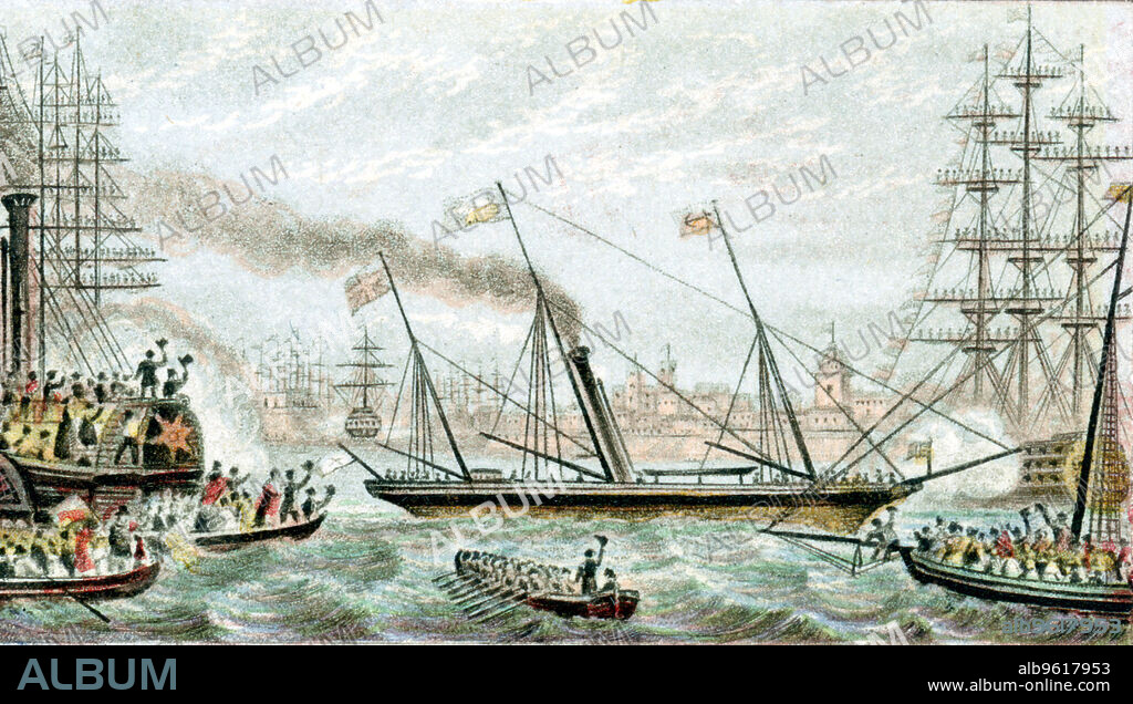 Queen Victoria being cheered as HMY Fairy carries her to the naval review at Spithead, c1855. HMY Fairy was a small royal yacht and tender to the HMY Victoria and Albert (1843). Built in 1844 by Ditchburn and Mare at Leamouth, she was commissioned in 1845. Baxter needlebox print.