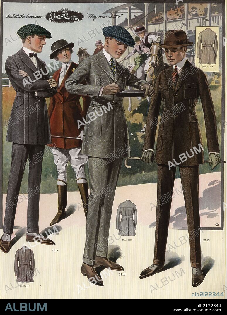 Men's single-breasted suits in sack, men in spats and cloth caps. Scene from a polo game in the background. Chromolithograph from a catalog of male winter fashions from Bruner Woolens, 1920.
