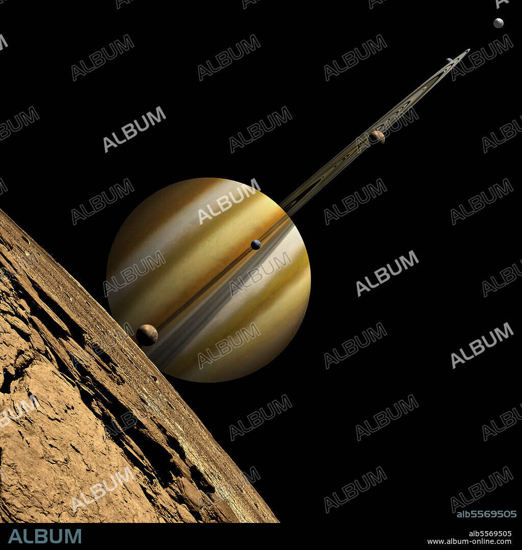 An artist's depiction of a ringed gas giant planet with six moons. The view is from the rocky surface of the sixth and farthest moon. A nearby star illuminates the scene.