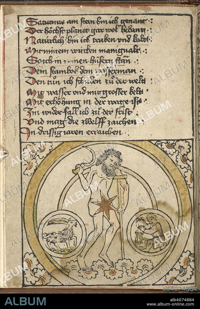 Figure of a man with a crutch under one arm and holding a scythe. A goat representing Aries and a man pouring water, representing Aquarius. Begin. Saturnus ain stern bin ich genant: Der hoÌˆchst planet gar wol bekant: Naturlich bin ich truken und kalt: Mit minem wuÌˆrken manigualt ... [Germany, 1470?]. A description, in verse, of the seven planets, i.e. Saturn, Jupiter, Mars, the Sun, Venus, Mercury, the Moon, and their astrological influences on human life: sometimes known as the "Planetenbuch" or as "Folge der sieben Planeten". A block-book, in which the text as well as the woodcut illustrations is printed from blocks. The recto of the first leaf and the verso of the last are blank. The description of each planet occupies twelve lines on the verso of one leaf and the recto of the next, the lower part of each page being occupied with a large woodcut, coloured. Without titlepage or pagination. Source: IA.27 page 1v. Language: German.