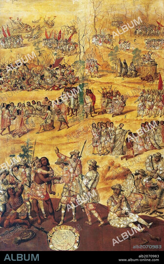 CONQUISTA DE MEXICO (1519). Cuadro enconchado de Miguel GONZÁLEZ (1698), donde describe distintas etapas de la CONQUISTA DE MEXICO realizada por Hernán Cortés y su ejército. Museo de América. Madrid. España.