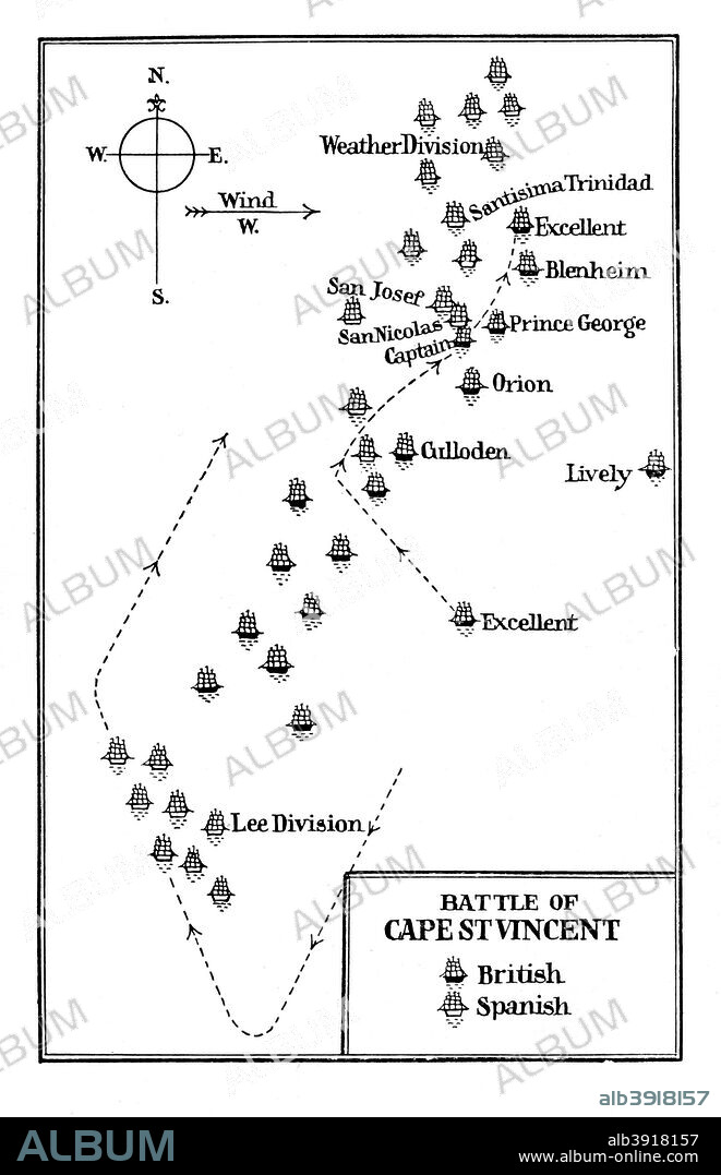 Battle of Cape St Vincent, 1797. Map showing the British fleet under Admiral Sir John Jervis defeating the numerically superior Spanish. Commanding HMS 'Captain', Nelson distinguished himself in the battle, personally leading boarding parties that captured two Spanish ships, the San Josef and the San Nicolas.
