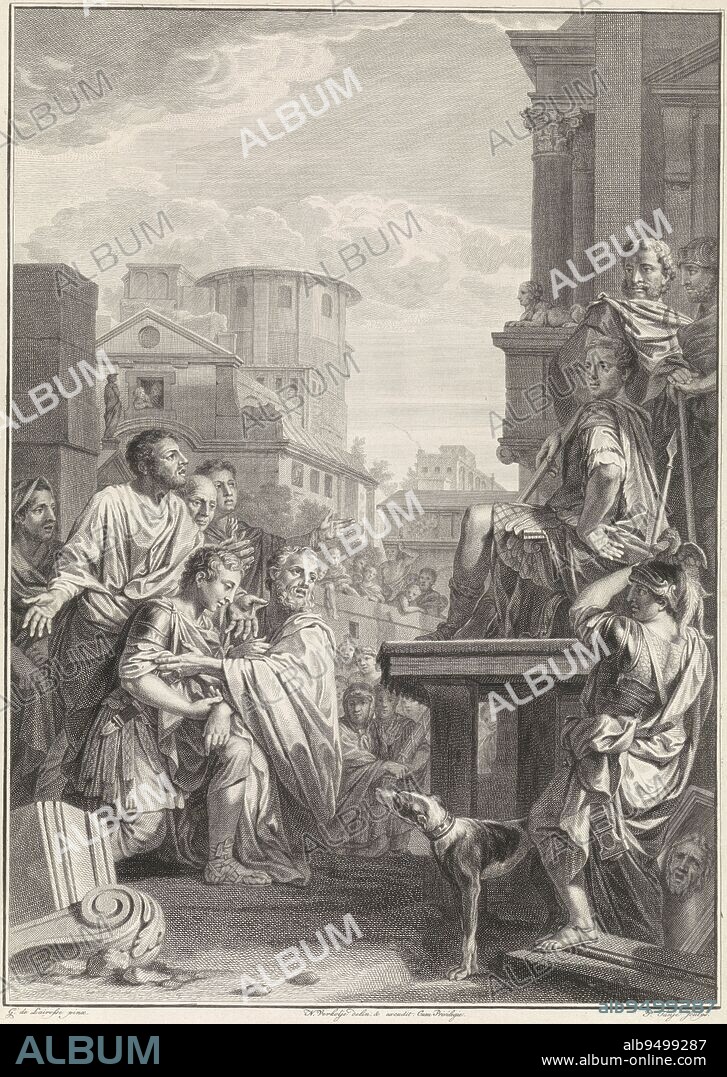 Lucius Papirius Cursor, seated on a throne, shows mercy to the young Fabius Maximus, as his father and the entire Roman people beg for mercy Fabius Maximus had attacked the Samnites without Papirius' permission and would be punished for it Presentation in the Council Chamber of the Court of Justice of Holland, Zeeland and West Friesland in the Binnenhof at The Hague, Lucius Papirius forgives Fabius Maximus Scenes, in the Council Chamber of the Court of Justice of Holland, Zeeland, and West Friesland , print maker: Pieter Tanjé, (mentioned on object), after: Gerard de Lairesse, (mentioned on object), intermediary draughtsman: Nicolaas Verkolje, (mentioned on object), Amsterdam, 1737, paper, engraving, etching, h 428 mm × w 309 mm.