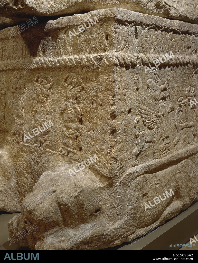 Phoenician civilization, 13th century b.C. Limestone sarcophagus of Ahiram, the king of Byblos. Detail of relief representing a procession of courtiers and a seated lion.