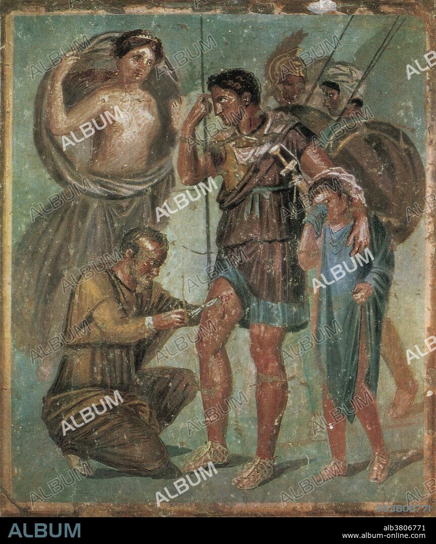 Aphrodite (Venus) stands over her wounded son Aeneas. Aeneas leans on his spear while an arrow is removed from his thigh by the physician Iapyx (Iapigius). Beside him stands his weeping son, Ascanius (Iulus, Julus, or Ascanius Julius). From a Roman fresco at Pompeii depicting Virgil's Aeneid. In Greco-Roman mythology, Aeneas, Prince of Troy, was a Trojan hero, the son of the prince Anchises and the goddess Aphrodite who frequently comes to his aid on the battlefield. He is a favorite of Apollo. Aphrodite and Apollo rescue Aeneas from combat with Diomedes of Argos, who nearly kills him, and carry him away to Pergamos for healing. The journey of Aeneas from Troy which led to the founding of a hamlet south of Rome, is recounted in Virgil's Aeneid. He is an important figure in Greek and Roman legend.