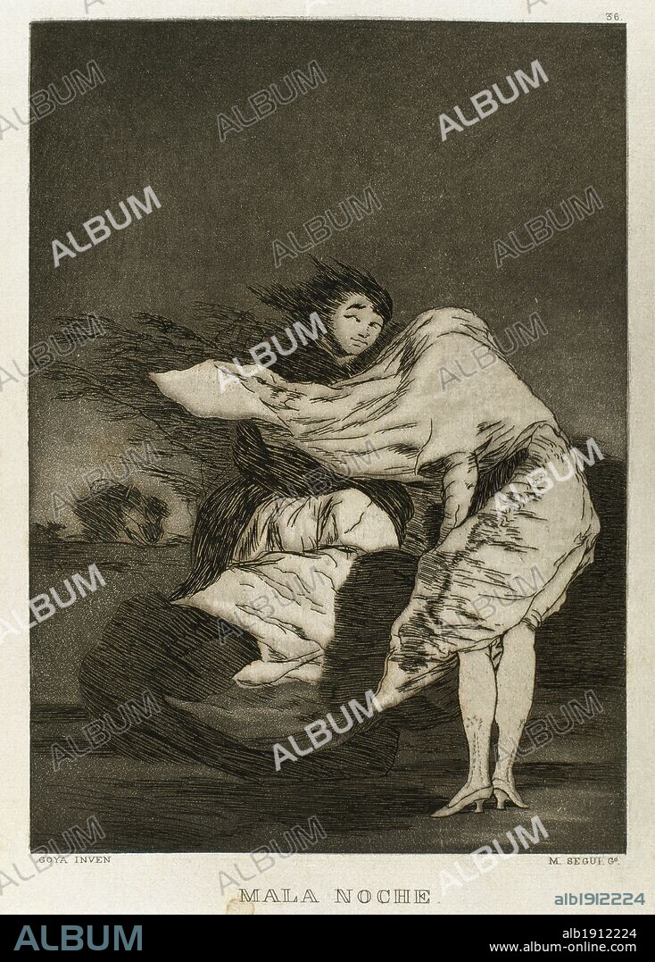 FRANCISCO DE GOYA. ARTE S. XVIII. ESPAÑA. GOYA, Francisco (Fuendetodos, 1746-Burdeos, 1828). Pintor y grabador español. "MALA NOCHE". Aguafuerte que perteneece a la colección de 84 grabados titulada "CAPRICHOS" de temática satírico-fantasmagórica, editados en el año 1799. Reproducción de M. Seguí i Riera.