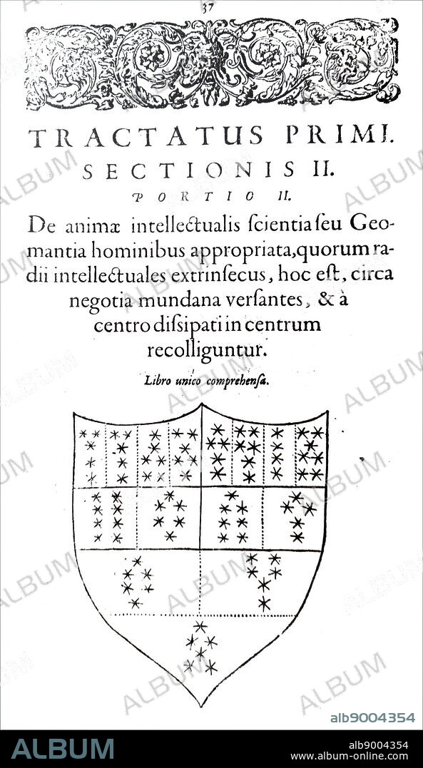 Engraving depicting a Geomancy Shield Chart, which illustrates the recursive processes reminiscent of the Cantor set that form the figures. Dated 17th century.
