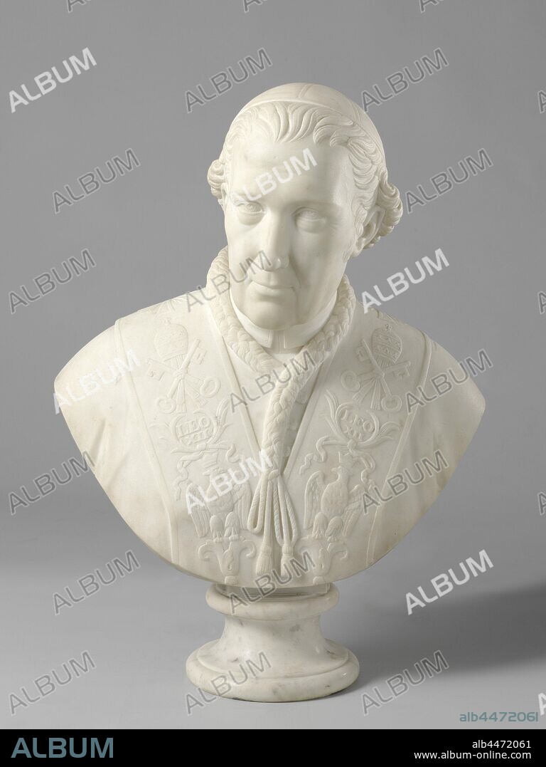 Portrait of Pope Leo XII, The head is turned slightly to the left. He wears a calot and a stole on which the papal insignia and his name are embroidered. Underneath the stole a garment with hood, closed from the front by a cord, which is lined with fur. At the neck the raised collar of the bar, over which a linen collar. On twisted pedestal, historical persons, Leo XII, Louis Royer, Rome, 1827, marble (rock), h 70 cm.