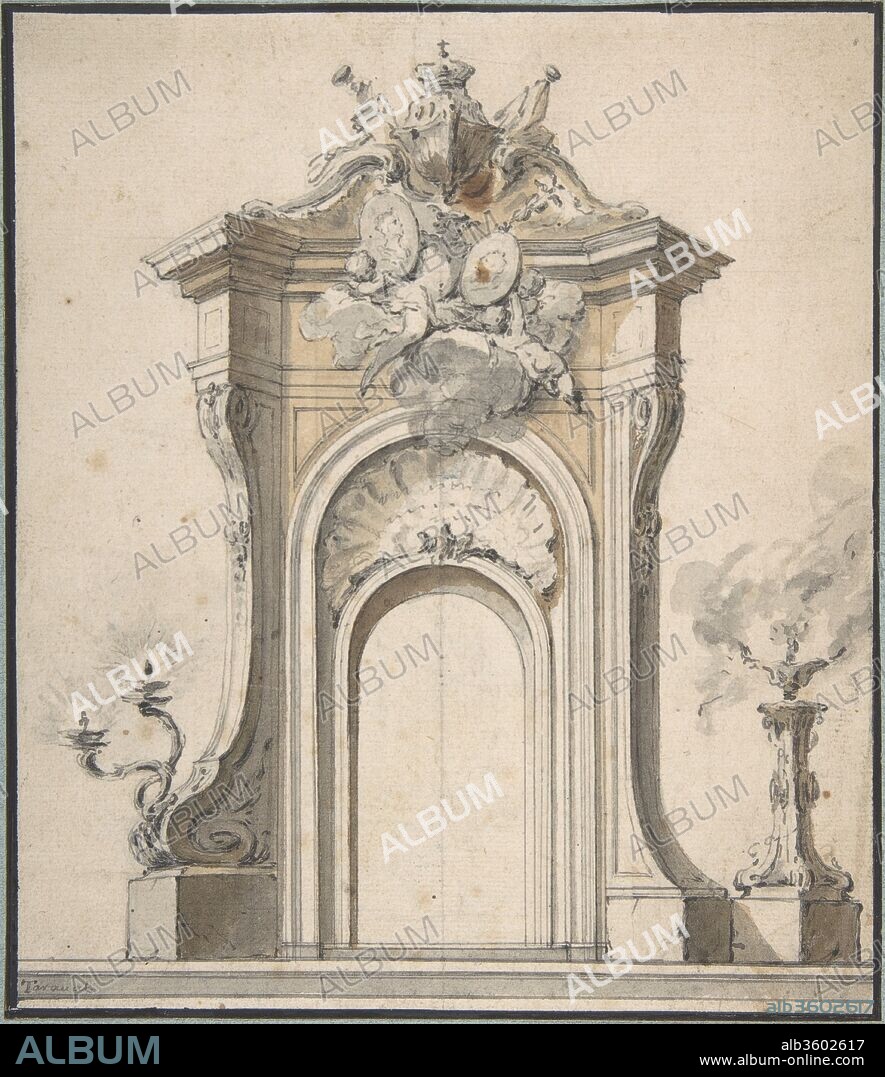 Design for Festival Architecture for an Entry into Paris for the King of Sweden, Frederick I of Hesse. Artist: Guillaume Thomas Raphaël Taraval (French, Paris 1701-1750 Stockholm). Dimensions: 8 3/4 x 7 1/2 in. (22.2 x 19.1 cm). Date: 18th century.