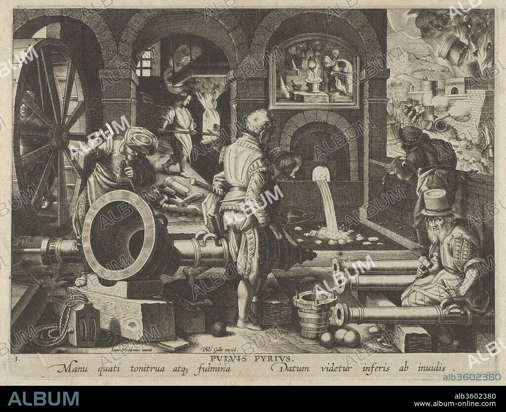 New Inventions of Modern Times [Nova Reperta], The Invention of Gunpowder, plate 3. Artist: Jan Collaert I (Netherlandish, Antwerp ca. 1530-1581 Antwerp); After Jan van der Straet, called Stradanus (Netherlandish, Bruges 1523-1605 Florence). Dimensions: sheet: 10 5/8 x 7 7/8 in. (27 x 20 cm). Publisher: Philips Galle (Netherlandish, Haarlem 1537-1612 Antwerp). Date: ca. 1600.
Third plate from a print series entitled Nova Reperta (New Inventions of Modern Times) consisting of a title page and 19 plates, engraved by Jan Collaert I, after Jan van der Straet, called Stradanus, and published by Philips Galle. Illustration of a gunpowder factory. In the foreground on the left a man chisels the top to a canon. In the center two men work on the back of a canon. On the right a seated man works on another series of canons while looking toward the viewer. In the background a man pushes a canon around in a kiln, while another also works with fire on the upper level of the factory. In the background on the right, several canons go off to test the gunpowder; behind the fortified wall, a tower crumbles into an inferno due to the blast.