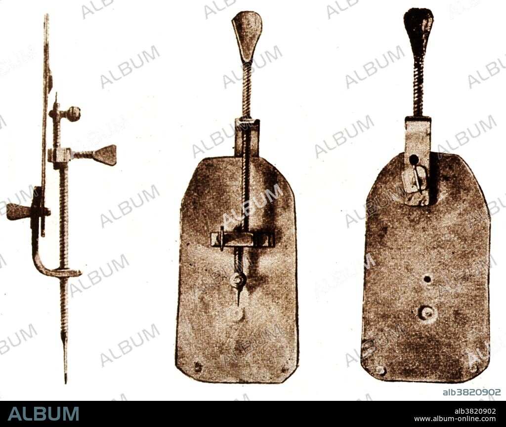 Leeuwenhoek's first microscope. This type of microscope was invented and used by Anton van Leeuwenhoek (1632-1723). Considered the father of microscopy, he constructed all his own equipment using lenses he had made himself. At his death, Leeuwenhoek left 247 microscopes and 172 lenses. Only nine microscopes have survived. These can magnify up to 200 times and were of a better quality than professionally made microscopes of the time. The specimen to be studied is placed on the pin and is brought into focus on the small lens by adjusting the two screws. The glass lens is fixed between two brass plates. The microscope would have been difficult and uncomfortable to use as the eye would have to be placed very close to the lens to make any observations. Lighting the specimen would also have been difficult.