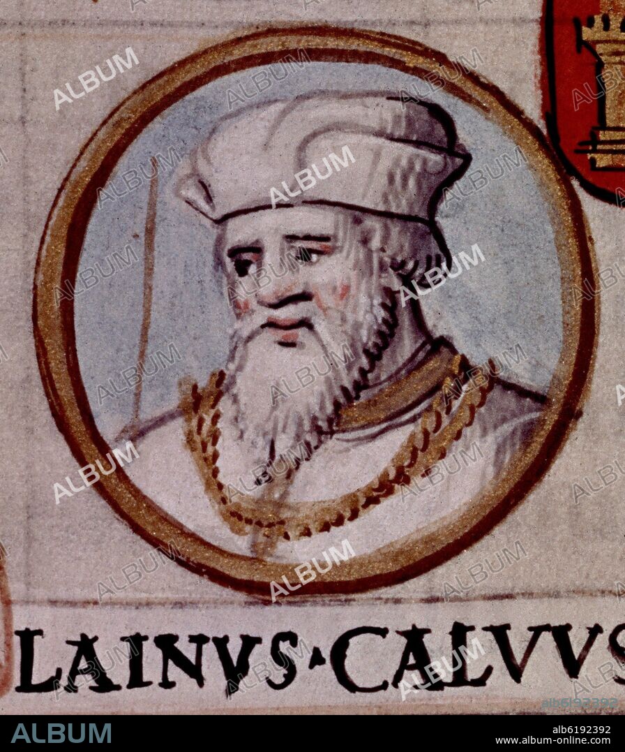 ALONSO DE CARTAGENA. GENEALOGIA DE LOS REYES DE ESPAÑA - LAIN CALVO JUEZ DE CASTILLA Y CAUDILLO - MINIATURA DEL SIGLO XVI.