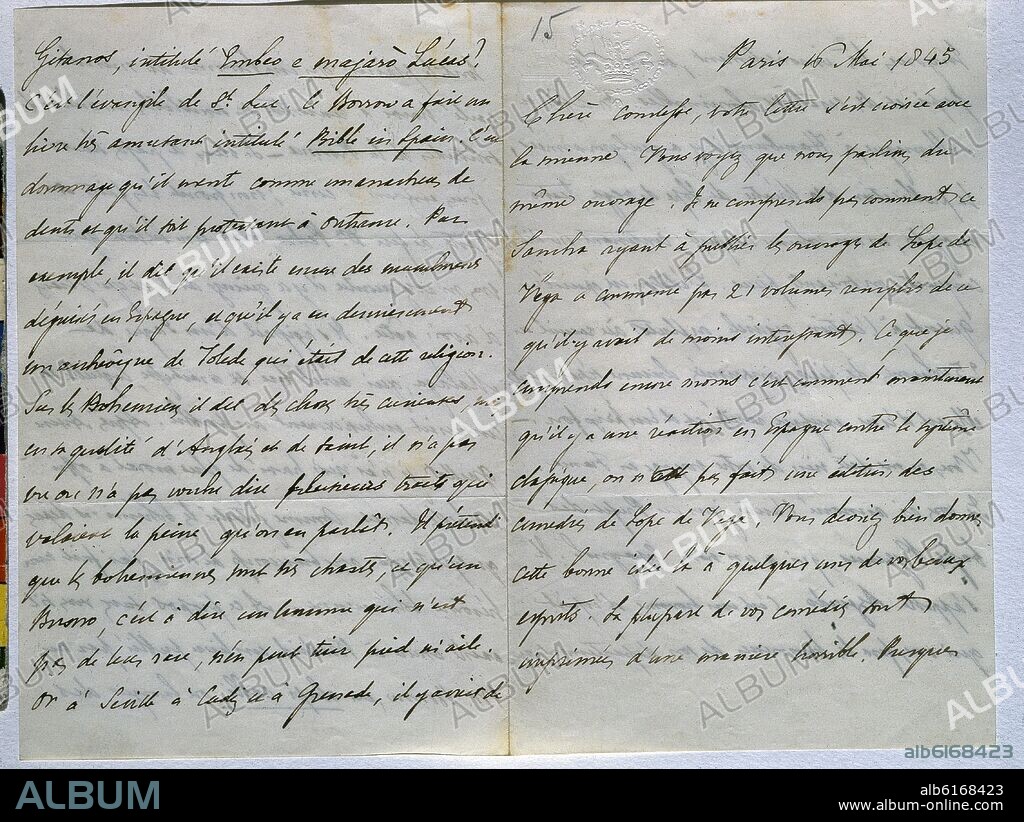 CARTA MANUSCRITA DIRIJIDA A LA CONDESA DESDE PARIS EN 1845.