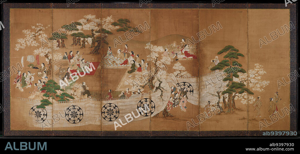 Cherry Viewing Party, first half 18th century, Attributed to Miyagawa Chshun, Japanese, 1682 - 1752, 59 5/8 x 136 in. (151.45 x 345.44 cm) (painting), Ink and color on paper, Japan, Nikuhitsu ukiyo-e, This colorful screen illustrates a favorite Japanese seasonal pastime, the viewing of cherry blossoms. Within a curtained enclosure, sumptuously dressed men and women are shown enjoying a puppet play to the accompaniment of music played on the longnecked shamisen. Some members of the party sit before an elegant painted folding screen, thus demonstrating how these objects were used by the Japanese out-of-doors for privacy and protection against the wind.
