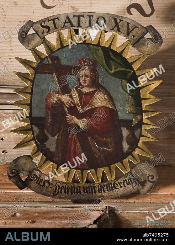 ANONYMOUS. Helena, saint, mother of Constantine the Great; c. 249/250 - c. 330. - "Die H. Helena mit dem Kreuz" (Saint Helena with the Cross). - Unknown folk painter, Southwest Germany, 18th century. 15th Station from a cycle of the fifteen Stations of the Cross. Oil on metal sheet. Wittichen (Kaltbrunn, Schenkenzell, Baden-Württemberg, Germany), Wittichen Monastery, Museum.