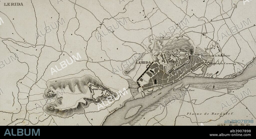 Napoleonic map. City of Lleida (Catalonia, Spain). During The Peninsular War (Napoleonic Wars) the city of Lerida was besieged on 13 May, 1810 by the French army. French victory. Atlas de l'Histoire du Consulat et de l'Empire. History of the Consulate and the Empire of France under Napoleon by Marie Joseph Louis Adolphe Thiers (1797-1877). Drawings by Dufour, engravings by Dyonnet. Edited in Paris, 1864.