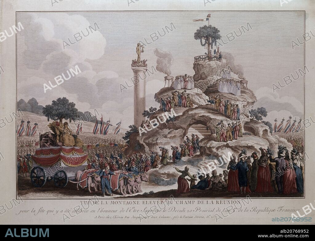 MONTAÑA DEL CAMPO DE LA REUNION PARA LA FIESTA DEL SER SUPREMO - JULIO 1794 - GRABADO S XIX.