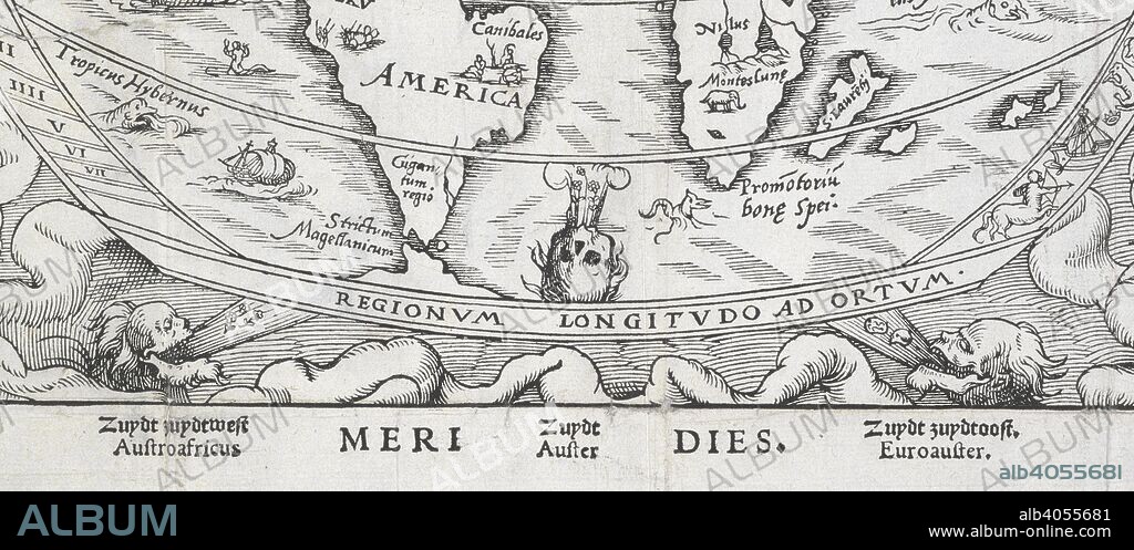 PETRUS APIANUS. Detail of wind-heads depicted as skulls in the southern hemisphere. Cosmographia Petri Apiani, per Gemmam Frisium ... iam demum ab omnibus vindicata mendis, ac nonnullis quoq: locis aucta. Additis eiusdem argumenti libellis ipsius Gemmae Frisii. Vaeneunt Antuerpiae : Gregorio Bontio. Source: Maps C.7.b.33, facing page 31.