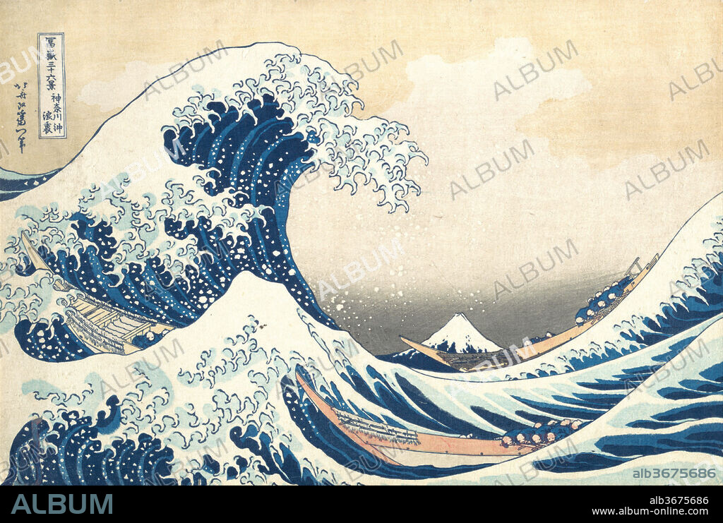 Under the Wave off Kanagawa (Kanagawa oki nami ura), also known as The Great Wave, from the series Thirty-six Views of Mount Fuji (Fugaku sanjurokkei). Artist: Katsushika Hokusai (Japanese, Tokyo (Edo) 1760-1849 Tokyo (Edo)). Culture: Japan. Dimensions: 10 1/8 x 14 15/16 in. (25.7 x 37.9 cm). Date: ca. 1830-32.
The breathtaking composition of this woodblock print, said to have inspired Debussy's La Mer (The Sea) and Rilke's Der Berg (The Mountain), ensures its reputation as an icon of world art. Hokusai cleverly played with perspective to make Japan's grandest mountain appear as a small triangular mound within the hollow of the cresting wave. The artist became famous for his landscapes created using a palette of indigo and imported Prussian blue.