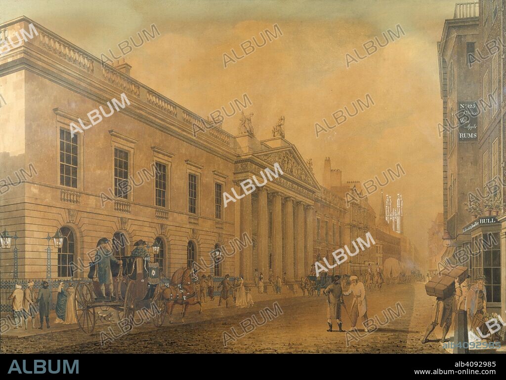 JAMES MALTON. East India House, London. 1800. The East India's Company Headquarters in Leadenhall Street, as rebuilt by Richard Jupp and Henry Holland, 1796 to 1799. A carriage on the left and an Indian among the passers-by in the street. Watercolour.  Originally published/produced in 1800. . Source: WD 2460,.