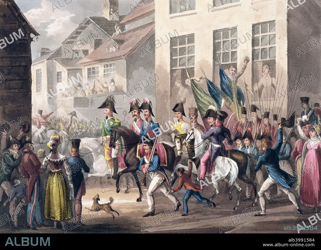 'Entrance of the Allies into Paris, March 31st 1814', 1815. The final battle of the War of the Sixth Coalition saw the combined armies of Russia, Prussia and Austria defeat the French commanded by Joseph Bonaparte just outside Paris. The city surrendered and Napoleon was forced to abdicate. From The Martial Achievements of Great Britain and her Allies from 1799 to 1815 by James Jenkins, 1815.