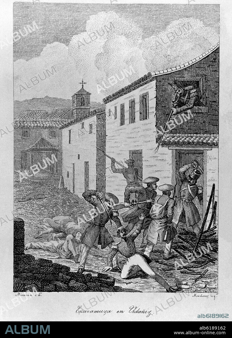 MIRANDA-DIBUJANTE. ESCARAMUZA EN URDAÑIZ - GRABADO SIGO XIX.